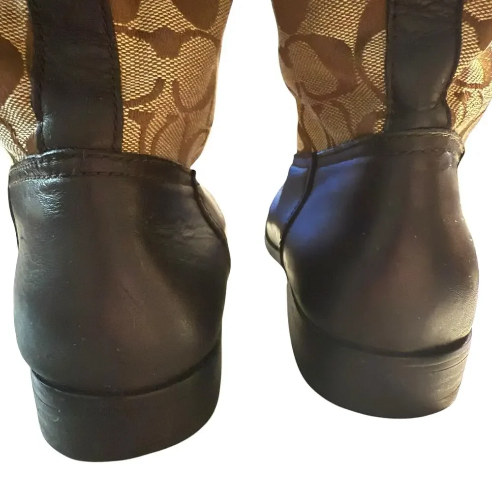 Coach Chrissi Signature C Riding Boots, Leather & Jacquard Canvas, Size 7.5 B